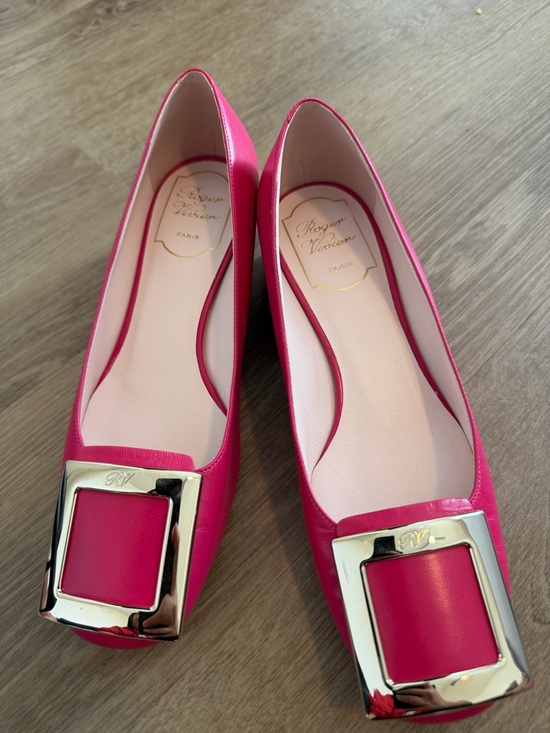 Roger Vivier Shoes - Roger Vivier Hot Pink Leather Square-Buckle Flats